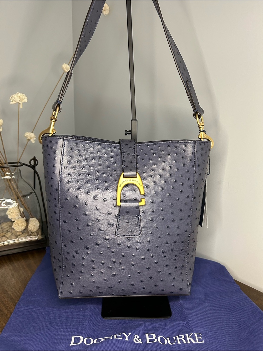 Dooney & Bourke NWT Blue Ostrich-Embossed Leather Brynn Bag Buckle Accent